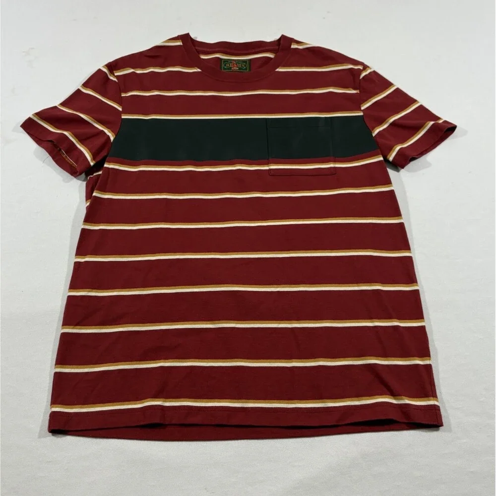 Beam Plus x J.Crew Stripe Red T-shirt Pocket Pleather Accent Retro Tee Sz S